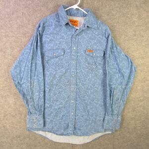 Wrangler Shirt Mens XL Tall Blue Flame Resistant Paisley Western Pearl Snap Work